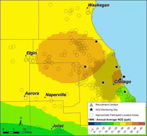 air pollution overlayed on a map of Chicago