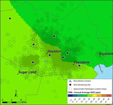 air pollution overlayed on a map of Houston