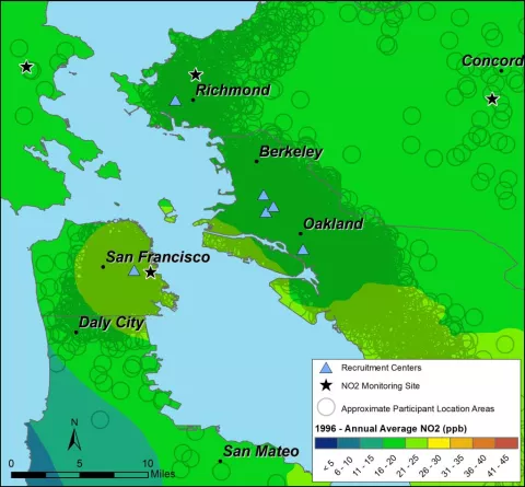 air pollution overlayed on a map of the San Francisco Bay Area