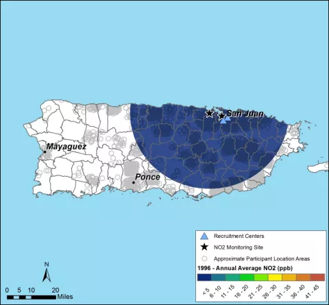 air pollution overlayed on a map of Puerto Rico