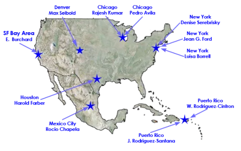 Map of the United States and Mexico with stars indicating recruitment centers and the collaborating staff. From left to right: San Francisco Bay Area, CA (E Burchard); Denver, CO (M Seibold); Mexico City (R Chapela); Huston, TX (H Farber); Chicago, IL (R Kumar); New York, NY (D Serebrisky, JG Ford, L Borrell); Puerto Rico (J Rodriguez-Santana, W Rodriguez-Citnron))
