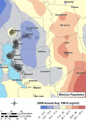 Map of the bay area colored by air pollution exposure with dots representing the residential address of our study participants