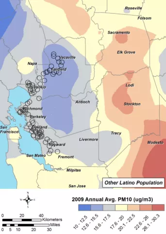 Map of the bay area colored by air pollution exposure with dots representing the residential address of our study participants